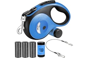 VTOPVMAX Retractable Dog Lead 8m/26FT for Medium/Large Dogs up to 50kg/110lbs - Heavy Duty Extendable Dog Lead with Chew-Proof Cable, LED Light, Poop Bag Dispenser, One-Hand Brake (Blue)