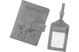 ODDERZZII Etui na paszport i zestaw zawieszek do walizki, sztuczna skóra, etui na paszport z blokadą RFID, na paszport, karty kredytowe, dowód osobisty, dokumenty podróżne, gadżet na urlop, szary