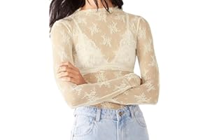Caziffer Women's Lace Layering Top Long Sleeve Sheer Mesh Mock Neck Undershirt Y2K Lace Floral Tops See Through Shirt Blouse