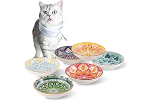 AHX Comedero Cerámica para Gato - Juego de 6 Cuencos para Gatos Coloridos - Plato Ancho y Plano - 250ml Bol Pequeño - 14 cm
