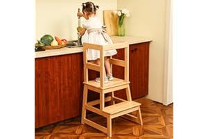 WIIFO Kids Kitchen Step Stool with Safety Rail,Standing Learning Tower for Toddler, Mothers' Helper Kids Learning Stool, Natural Solid Wood Construction