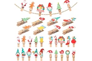 CAMOSE 40 Pack Wooden Clips with Jute String, Mini Xmas Decorative Pegs for Tree and Photos Christmas Wall Decoration
