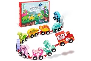 CIMVIDI Zestaw pociągu dinozaurów, drewniany pociąg z dinozaurem, numer pociągu z numerami 0-9 zabawki edukacyjne Montessori przedszkole prezenty dla dzieci 3 4 5 lat urodziny boże narodzenie prezent