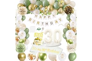 WLKQY Deko 30 Geburtstag Frau, Grün Gold Weiß 30 Geburtstag Frauen Konfetti Luftballons mit Happy Birthday Banner, 30. Geburtstag Schärpe Weiß Gold, Pompons, 30 Jahr Geburtstagdeko Girlande Ballons