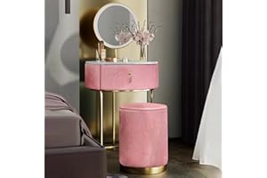 CARME Ibiza Bohemia Upholstered Quilted Velvet Dressing Table with Touch LED Mirror Lights 1 Drawer Stool Vanity Table Makeup Bedroom Furniture Modern Small Dresser Set (Ibiza Ballerina Pink)