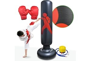 OEMG Kids Boxing 3 Set,Free Standing Punch Bag with Boxing Gloves,Physical Exercise Thickened Inflatable Punch Bag, Black, L