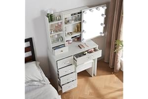 Ereousa Postazione Trucco, Toeletta Trucco con con Luci, Toletta da Trucco con Specchio e Sgabello, Toilette da Trucco con 6 Cassetti 3 Ripiani e 3 Ripiani Nascosti, Bianco H07-090015