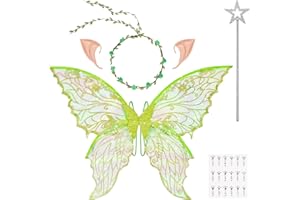 DiULi Alas Hadas Mariposa, 5pcs Alas de Duende+Guirnalda+Orejas de Elfo+Varita de Hada+Pegatinas Diamantes, Alas Disfraz Mujeres y Niños para Halloween, Carnaval, Fiesta,Cosplay, Talla Única (Verde)