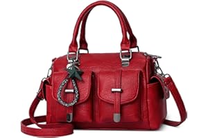 FOLOVEYA Retro Bolsos de Mujer Bolso Bandolera Elegante Bolso de Mano Bolsa de Hombro con Colgante Cuero PU Shopper Bolsos Tote para Viajar Trabajo Negocio Citas Bolso Boston Rojo B
