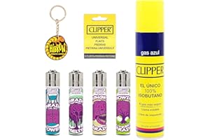 clipper 4 Mecheros Encendedores Diversos Surtidos Bonitos Baratos, 1 Carga Gas Encendedor 300 Ml, 9uds De Piedra y 1 Llavero Hibron Gratis 1-10003-7