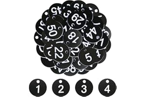 KIKI FANCY Number Keyring 1-50, 50 Pcs Table Numbers Key Number Tags Cloakroom Tags Waterproof Small ID Tags with Hole Fit for Restaurant Cafe Outdoor Car Dormitory Lockers Hotel Without Key Rings Black Bottom