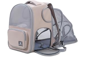 ALLSOPETS Mochila Gatos Mochila para Perros Expandible y Plegable Transportin Perro Pequeño con Cierre Anti-Apertura, Ventana de Malla, Correa de Seguridad Interior y Alfombrillas (Caqui)