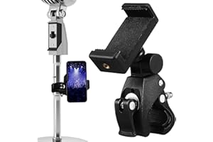 NADIAEN Mic Stand Phone Holder, Phone Holder for Mic Stand - 180° Rotation Mic Stand Phone Holder Clip, For Live Streaming, Shooting Videos, Traveling, Works Live Broadcast, Recording, Riding