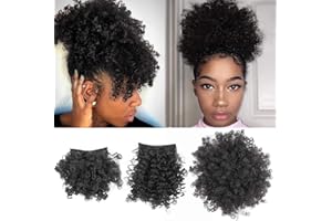 ALLYREETRESS Afro Puff Drawstring Ponytail with Bangs Pineapple Updo Hair for African American Women,Short Kinky Curly Ponytail Bun with 2 Replaceable Bangs(#1B-Black)