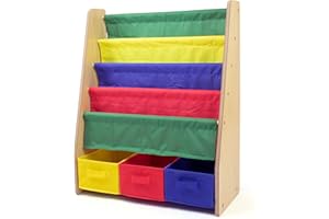 Humble Crew Primary Wooden Bookshelf for Children, 4 Tier Book Storage Shelf with Deep Fabric Pockets, 3 Collapsable Bin Organisers, Forward Facing Book Display - Natural Wood/Red/Blue/Green/Yellow