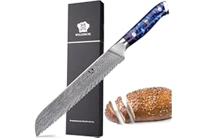 WILDMOK Brotmesser mit Wellenschliff 20 cm, Brotmesser aus 67-lagigem Damaststahl, Brotmesser, gezahnt, Damaststahl mit Federmuster, Full Tang, ultrascharfes Brotmesser