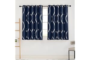 PONY DANCE Blackout Foil Curtains - Thermal Insulated Eyelet for Living Room, Kids Bedroom with Silver Wave Line Print, Navy Blue (66 x 54 Inch, 2 Panels)