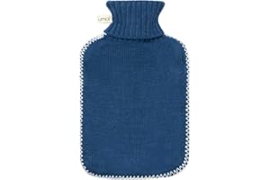 UMOI Bouillotte de haute qualité en caoutchouc naturel 1.8 litres avec housse en tricot fin gris foncé et couvercle à coutures blanches (Bleu)