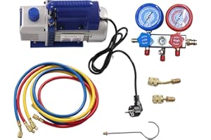 FLIUYR Vakuumpumpe 3 CFM 1/4 HP, Unterdruckpumpe mit 3x 4 ft Dreifarbiger Kältemittelschlauch & 2 Kupfer-Adapter, Manifold Gauge Set, Einstufige Vakuumpumpe für HVAC AC Kältemittel-Luftwerkzeug