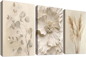 3 st träramade canvasväggkonstverk Beige blomma Pampasgräs Canvas-tryck Krämfärgat eukalyptusblad Målning Minimalistiska blom