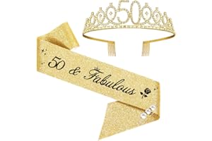 MOITKPTT 50. Geburtstags Tiara, 50 & Fabulous Geburtstags-Krone Schärpe Set, 50 geburtstag deko, geschenke zum 50 geburtstag frau (Gold)