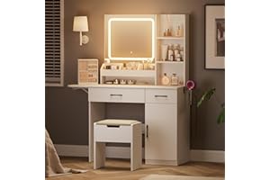 Dowinx Dressing Table with Full-Length Mirror, 3 LED Lights, Built-in Power Outlet, 3 Drawers, 7 Shelves, Storage Stool, White - Ideal for Bedroom or Bathroom Makeup Vanity