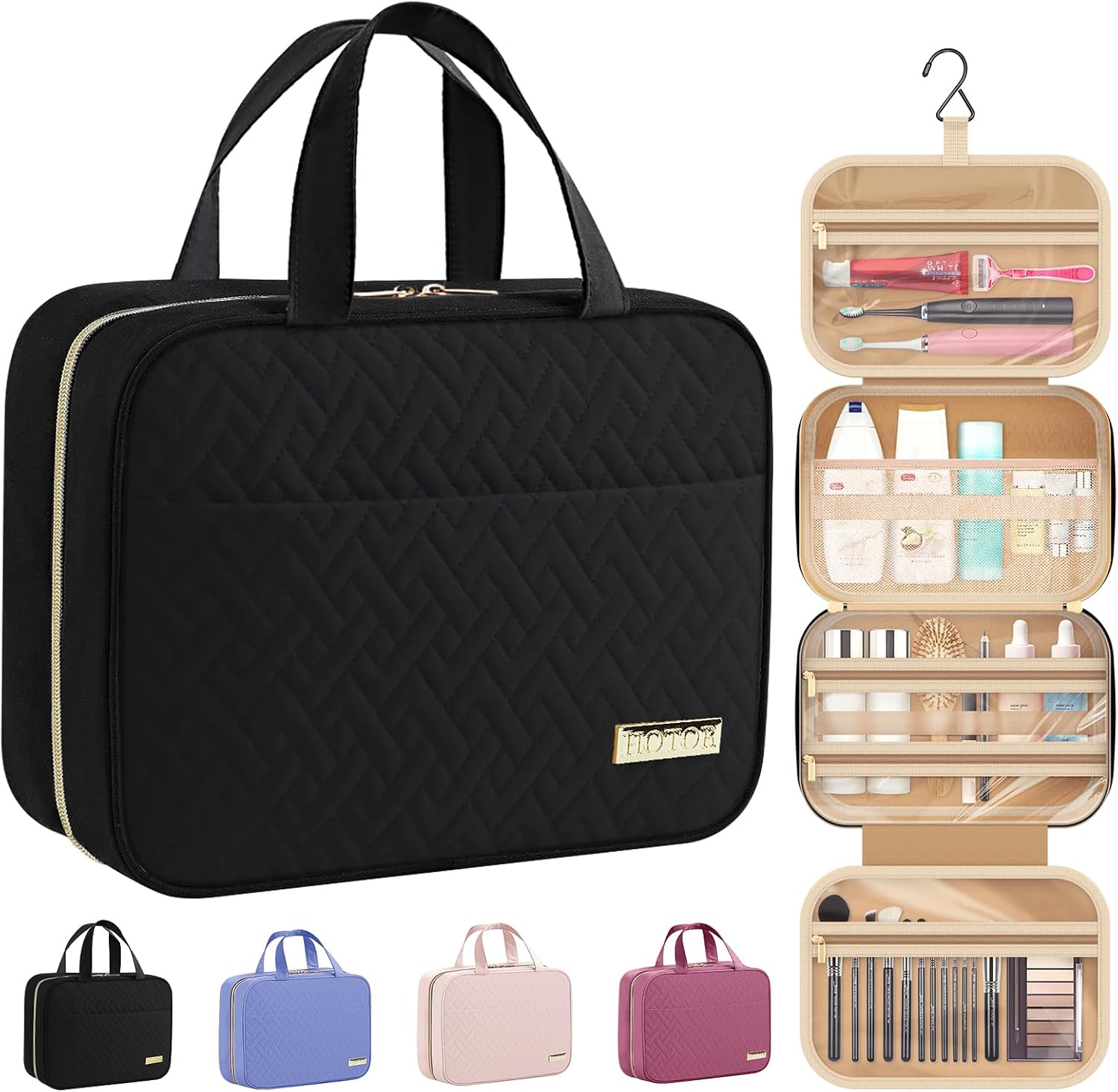HOTOR Travel Toiletry Bag - Toiletry Bags for Women with Hanging Hook - Spacious Travel Bags for Women/Big Comparment, Makeup Bag Waterproof Travel Essentials, Black, 28.4 x 22.6 x 8.1 cm