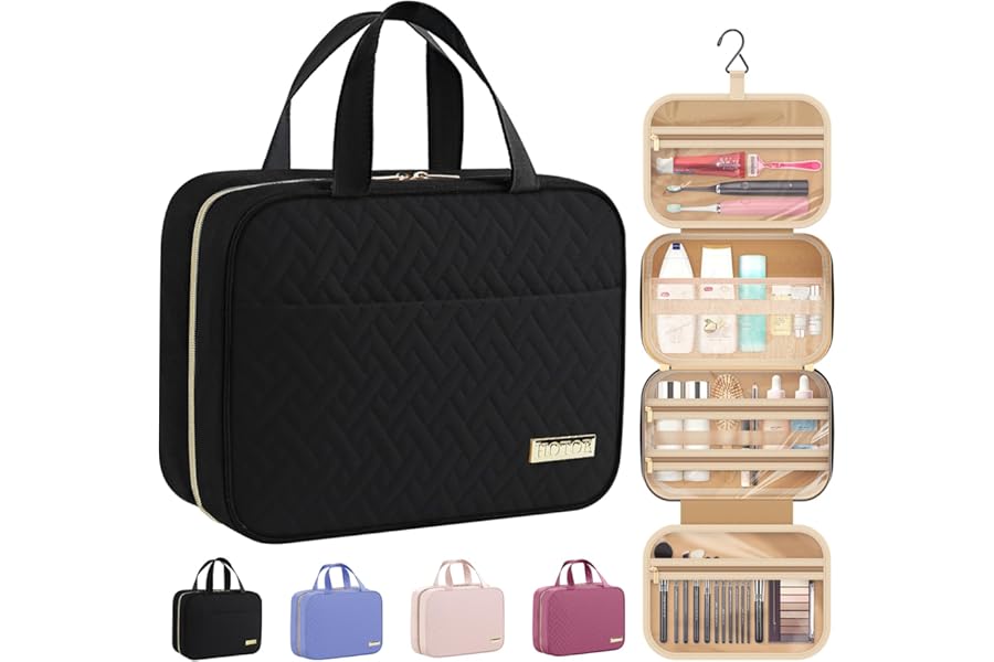 HOTOR Travel Toiletry Bag - Toiletry Bags for Women with Hanging Hook - Spacious Travel Bags for Women/Big Comparment, Makeup Bag Waterproof Travel Essentials, Black, 28.4 x 22.6 x 8.1 cm
