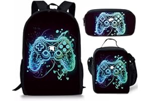 GENERIC Gaming Backpack for Boys, Waterproof Lightweight 3-Piece School Bag Set with Lunch Bag & Pencil Case, Large Capacity School Bag for Kids 6-14 Years, Perfect for Elementary (game008, Black)