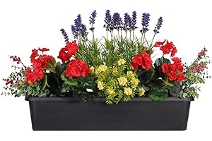 Blooming Artificial - Red/Yellow Summer Garden Artificial Window Box Trough Arrangement with Faux Geraniums, Lavender, Berries and Foliage - Outdoor Use - Vibrant, Realistic and Colourful (Red)
