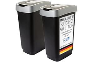 SUSTANIA Duo Mülleimer Küche 2 Fächer 50L - Geruchsdicht Doppel Abfalleimer mit Schwingdeckel, 2er Set 50 Liter, 60x45x34 cm, Robust Recycelbarer Kunststoff, Schwarz/Silber, Made in EU
