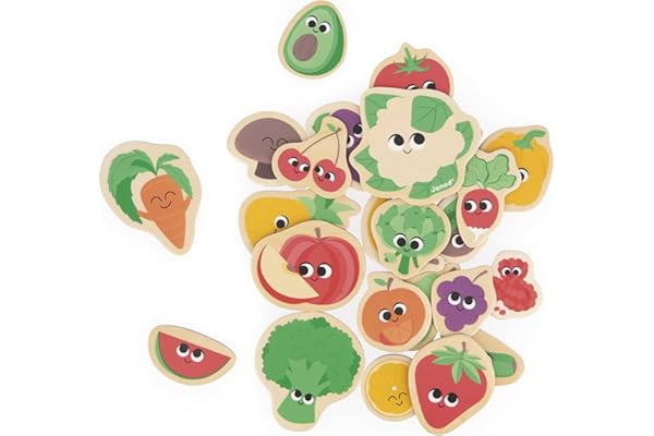 Janod - 24 Magnets en Bois Aimantés - Thème Fruits et Légumes - Jouet en Bois - Idéal Tableau ou frigo - Jeu Éducatif Magnétique, pour Manipuler, Expérimenter et s’Amuser - Dès 2 Ans, J09648