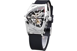 Forsining Montre squelette pour homme, montre mécanique automatique avec cadran triangulaire lumineux, remontage manuel, bracelet en acier inoxydable ou en silicone souple