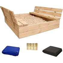 Bac à Sable 120x120 Cm Avec Banc Et Toit - En Bois Naturel Certifié FSC - Bâche De Protection Incluse - Idéal Pour Le Jardin Des Petits