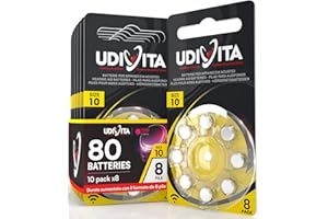 80 Batterien für Hörgeräte Udivita Größe 10 (Gelb) PR70 Zink-Luft mit Sound Fusion-Technologie – 10 Blister mit 8 Batterien