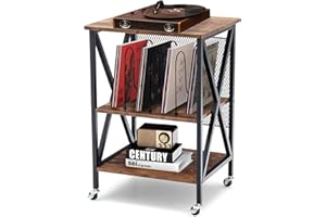 LIFEZEAL Stolik pomocniczy do gramofonu, 3-stopniowy stolik kawowy na kółkach, stół do salonu z otwartą półką, drewniana podstawa do płyty gramofonowej, stół do łóżka o wysokości 75 cm (bez gniazdka)