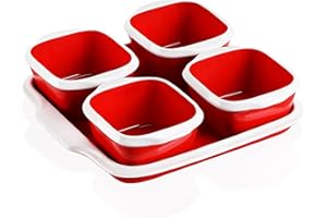 LOVECASA Set di Stampi da Forno in Porcellana, 1 Pirofila 23 cm + 4 Mini Pirottini da Forno e Ciotole per Snack, 9,3 cm Quadrati Colore: Rosso