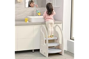 Growaystory Tritthocker für Kinder, Trittleiter Kinder mit 3 Stufen, Höhenverstellbar, Sicherer, Lernturm, Trittschemel, Tritt-Schemel Kinderschemel für Baby (Weiß/Hellgrau)