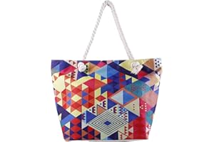 GENOVEGA Women Beach Tote Bag Pool - Extra Large Big Weekender Canvas Cotton Rope Drybag with Zipper Summer (Not Straw Mesh) tone Multi Color Geometry