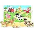 Wooden Puzzles Farm Chunky Baby Puzzles Peg Board, Full-Color Pictures for Preschool Educational Jigsaw Puzzles, 7Pieces
