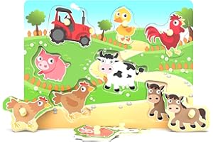 BEYLON Wooden Puzzles Farm Chunky Baby Puzzles Peg Board, Full-Color Pictures for Preschool Educational Jigsaw Puzzle, 7Pieces