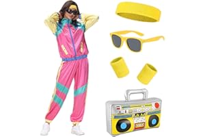 Metaparty 80er Jahre Outfit Herren Damen, Trainingsanzug 70er 80er Jacke Hose Anzug, 80er Jahre Kostüm mit Stirnband Armbänder Brille Paare, Retro Style Jogginganzug Bad Taste Outfit Karneval