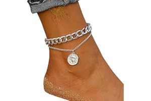 Larancie Layered Anklet Coin pendant Anklet Punk Paper Clip Double chain anklet stacking Ankle chain foot bracelet jewelry for Women and Girls