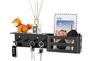 Bethom Key Holder for Wall, Metal Key Hooks Wall Mounted, Mail Organizer Key Rack Decorative Key Hanger Shelf with 4 Hooks for Entryway Mudroom Hallway Office Bathroom Living Room(Black)