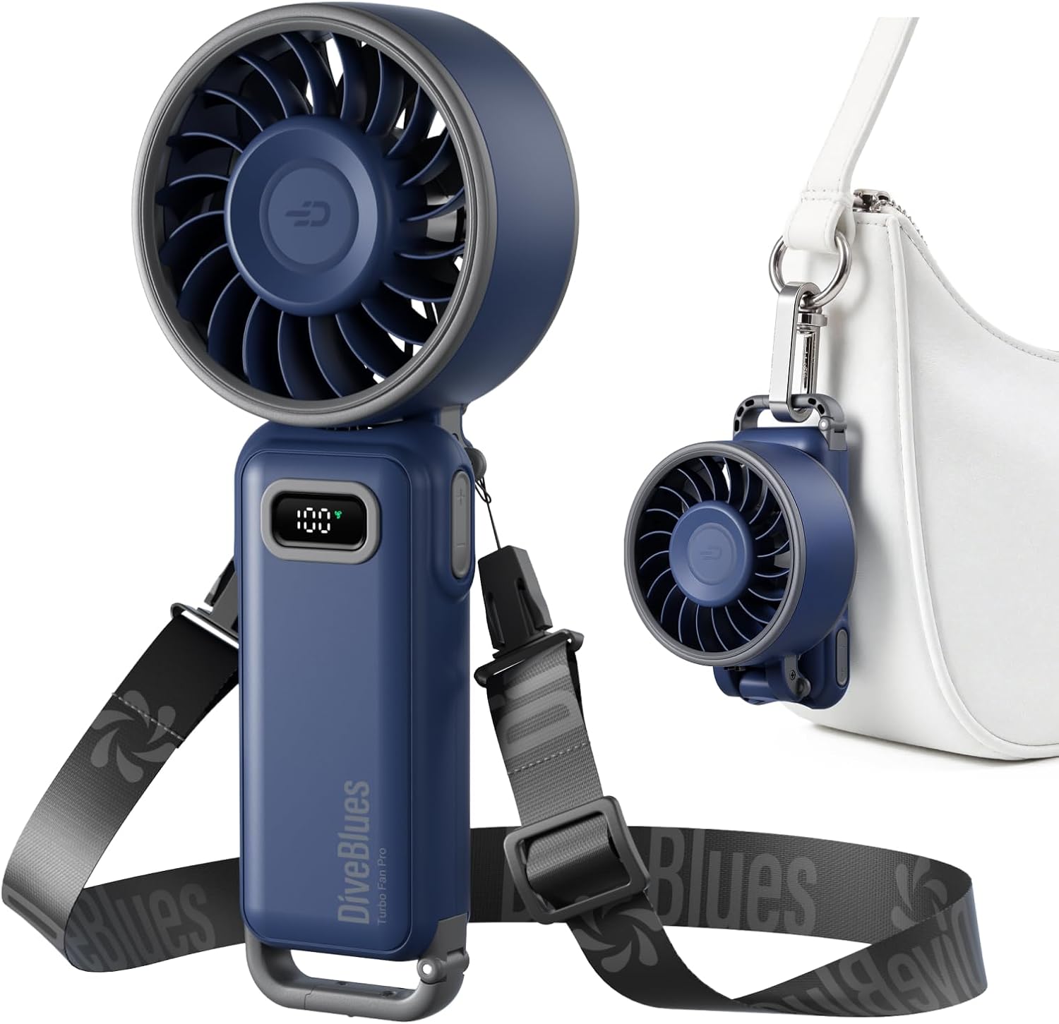 Diveblues Ventilador de Mano Turbo Portátil, 100 Velocidad, Flujo de Aire Potente de 7,4 m/s, Mini Ventilador Plegable 180° 4-en-1 para Mano, Cuello o Mesa, Recargable para Verano, Viajes y Exterior