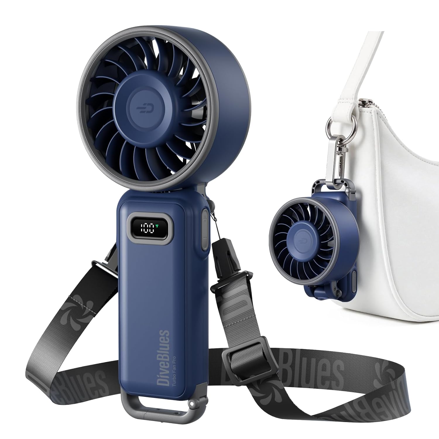 Diveblues Draagbare mini-ventilator, 4-in-1, krachtige turbo-handventilator met 100 snelheden, led-display, 3600 mAh, oplaadbaar, USB, zakventilatie, voor reizen en buiten