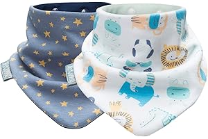 Cheeky Chompers Baby Bibs for Babies and Toddlers - Twin Pack100% Organic Muslin Cotton Neckerchief Dribble Bib - Cool Prints for Baby Boy and Girl - Neckerbib Design (Midnight Stars & Cheeky Animals)