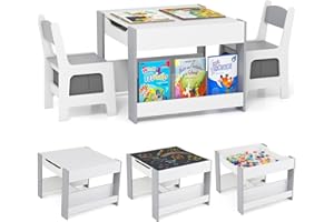 COSTWAY Set Tavolino Bambini con 2 Sedie per 3+ Anni, Tavolo e Sedie 4 in 1 con Lavagna Rimovibile, Librerie e Scatola in Tessuto, Mobile Salvaspazio per Scuola, Asilo e Cameretta (Bianco e Grigio)
