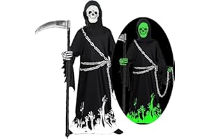 KYOEOE Sensenmann Kostüm Kinder mit Sense & Taillenkette,Deluxe Glow in The Dark Halloween Kostüm Jungen Sensenmann Gruselig Grim Reaper Costume für Halloween Karneval Fancy Dress