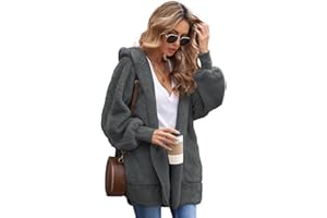 Tuopuda Damska bluza z kapturem, oversize, płaszcz zimowy, pluszowa kurtka z długim rękawem, ciepły kardigan, kurtka zimowa z dzianiny, z kapturem i kieszeniami